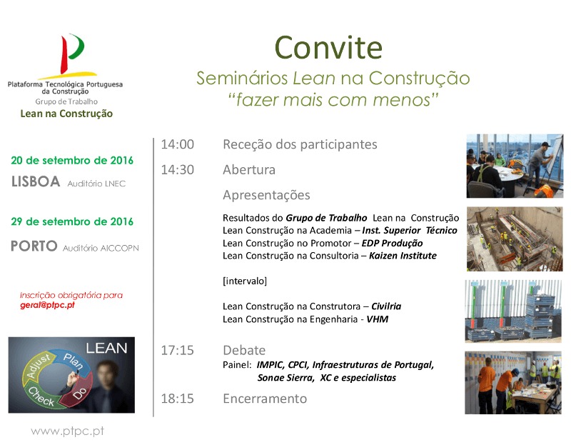 PTPC - Seminários Lean na Construção, 20 e 29 de Setembro, em Lisboa e Porto