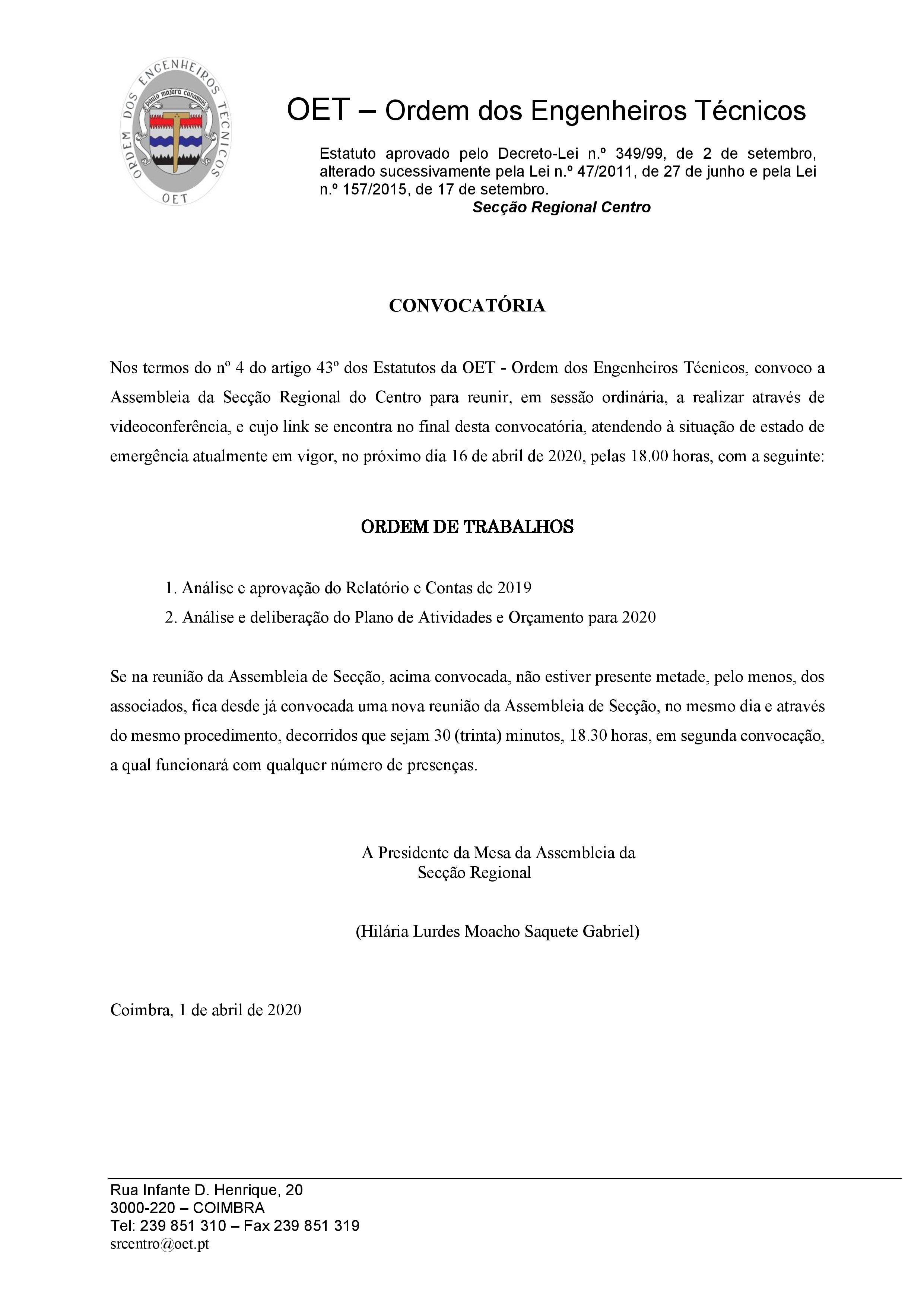 Convocatória: Assembleia da Secção Regional Centro