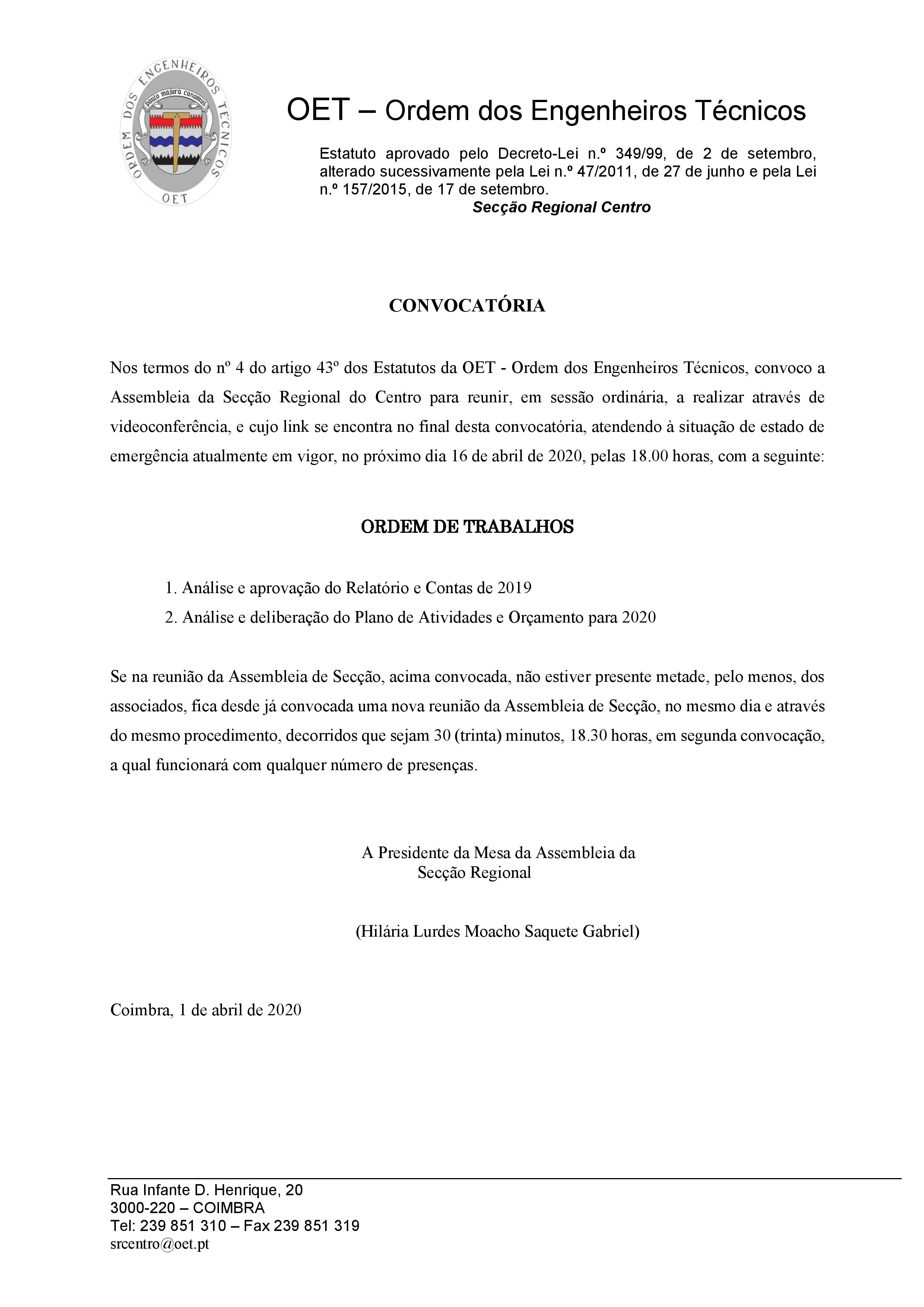 Convocatória: Assembleia da Secção Regional Centro